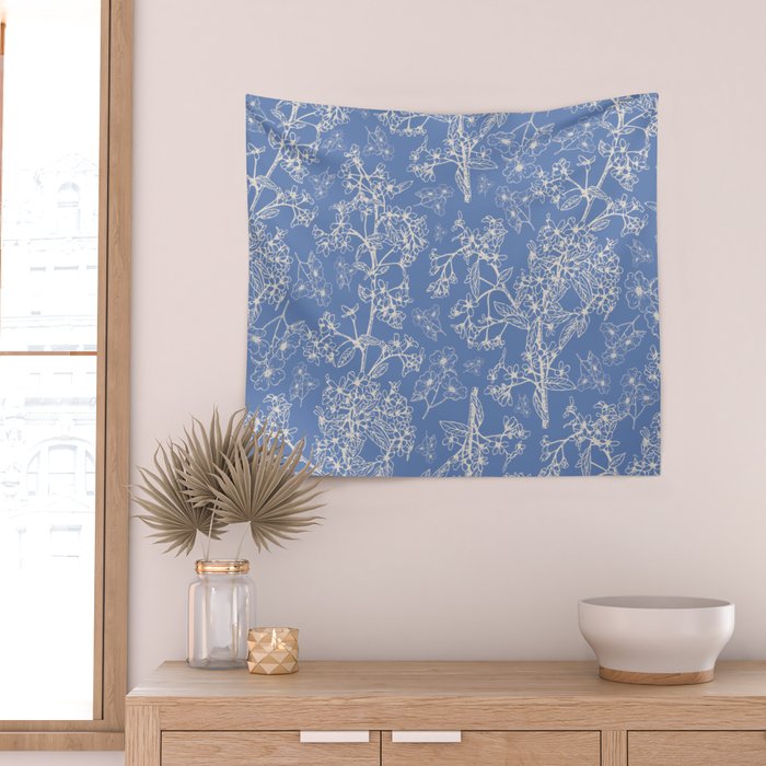 Grasmere Garden Vintage Modern Botanical Pattern Periwinkle Blue Cream Wall Tapestry Gallery Image 2