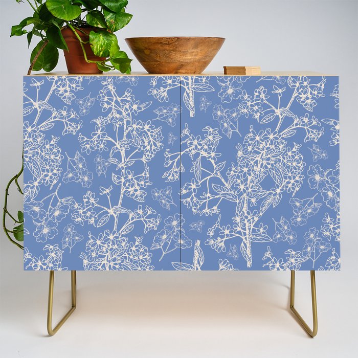 Grasmere Garden Vintage Modern Botanical Pattern Periwinkle Blue Cream Credenza Gallery Image 1