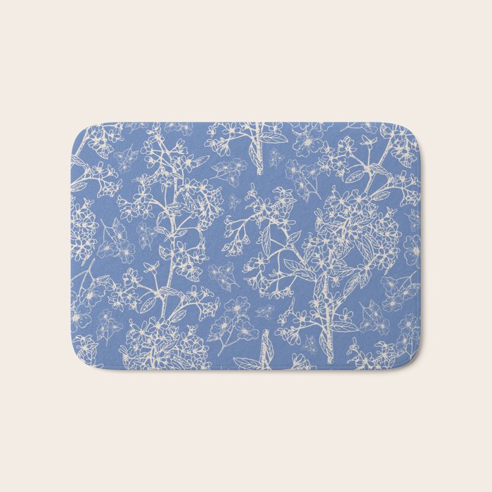 Grasmere Garden Vintage Modern Botanical Pattern Periwinkle Blue Cream Bath Mat Gallery Image 1