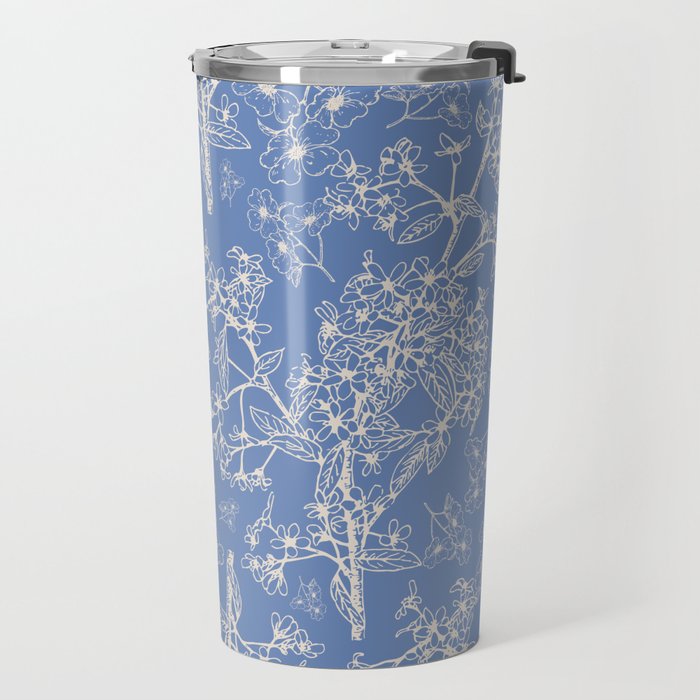 Grasmere Garden Vintage Modern Botanical Pattern Periwinkle Blue Cream Travel Mug Gallery Image 2