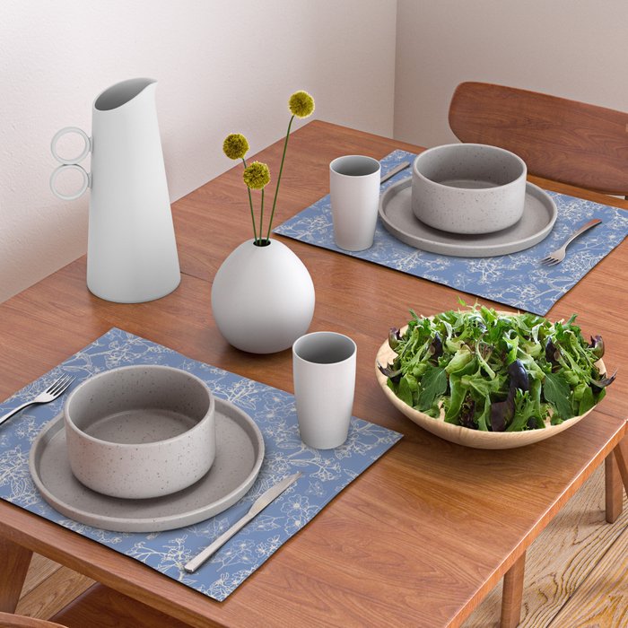 Grasmere Garden Vintage Modern Botanical Pattern Periwinkle Blue Cream Placemat Gallery Image 2