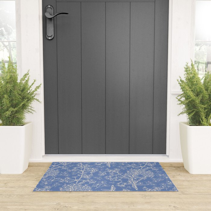 Grasmere Garden Vintage Modern Botanical Pattern Periwinkle Blue Cream Welcome Mat Gallery Image 3