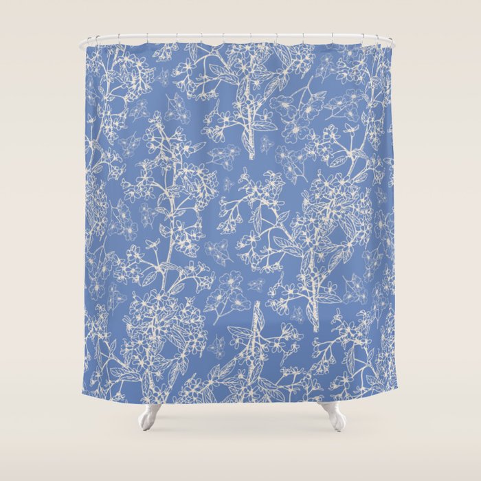 Grasmere Garden Vintage Modern Botanical Pattern Periwinkle Blue Cream Shower Curtain Gallery Image 1