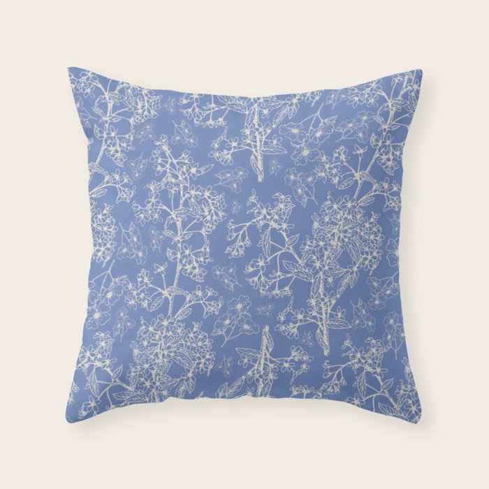 Grasmere Garden Vintage Modern Botanical Pattern Periwinkle Blue Cream Throw Pillow Gallery Image 6