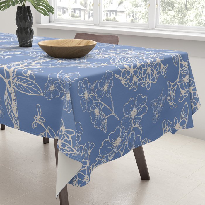 Grasmere Garden Vintage Modern Botanical Pattern Periwinkle Blue Cream Tablecloth Gallery Image 3