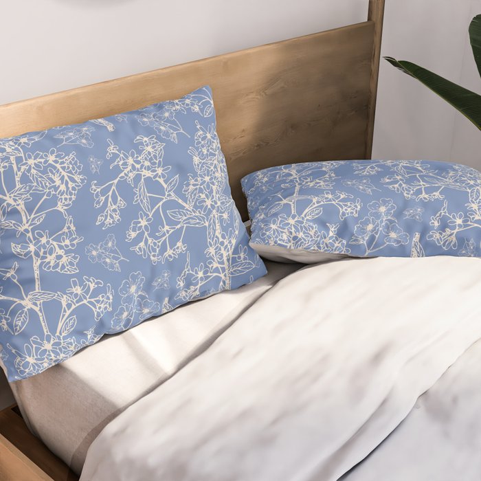 Grasmere Garden Vintage Modern Botanical Pattern Periwinkle Blue Cream Pillow Sham Gallery Image 2