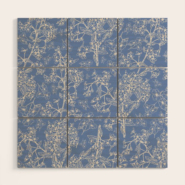 Grasmere Garden Vintage Modern Botanical Pattern Periwinkle Blue Cream Wood Wall Art Gallery Image 1