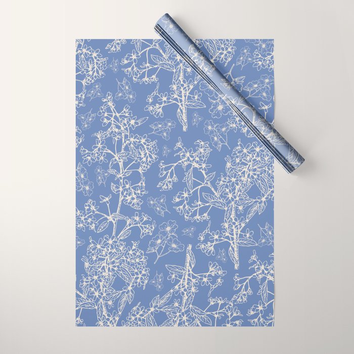 Grasmere Garden Vintage Modern Botanical Pattern Periwinkle Blue Cream Wrapping Paper Gallery Image 1