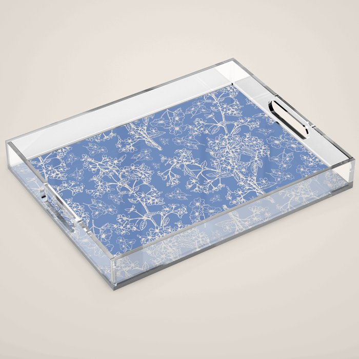Grasmere Garden Vintage Modern Botanical Pattern Periwinkle Blue Cream Acrylic Tray Gallery Image 1