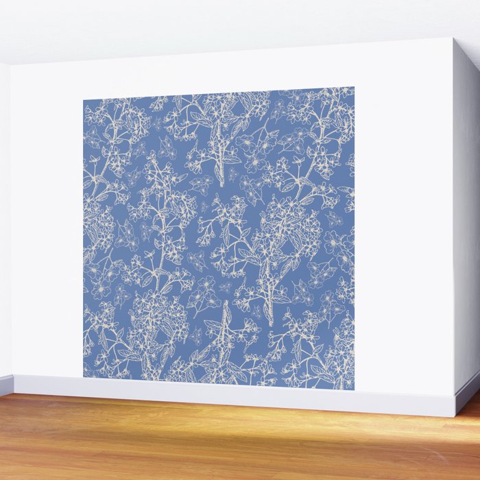 Grasmere Garden Vintage Modern Botanical Pattern Periwinkle Blue Cream Wall Mural Gallery Image 2