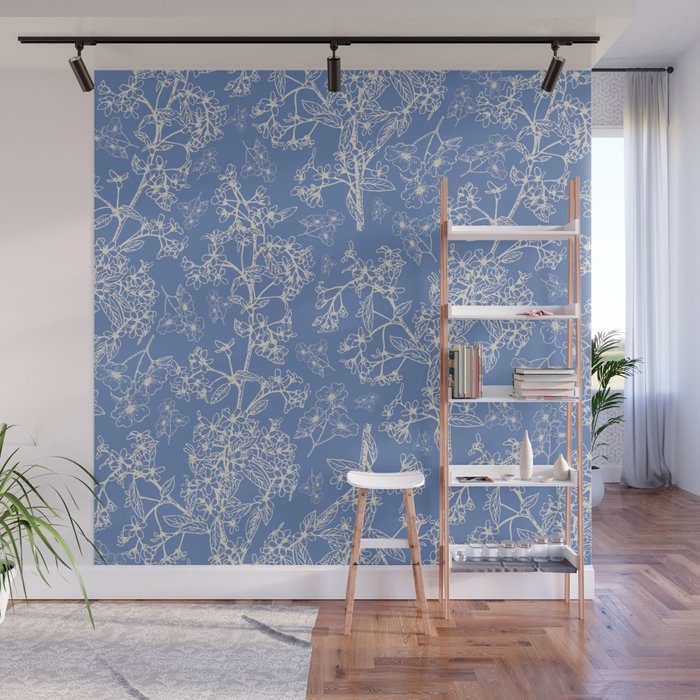Grasmere Garden Vintage Modern Botanical Pattern Periwinkle Blue Cream Wall Mural Gallery Image 1