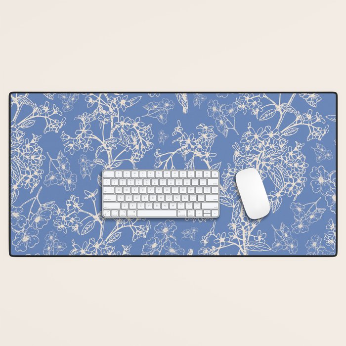 Grasmere Garden Vintage Modern Botanical Pattern Periwinkle Blue Cream Desk Mat Gallery Image 1