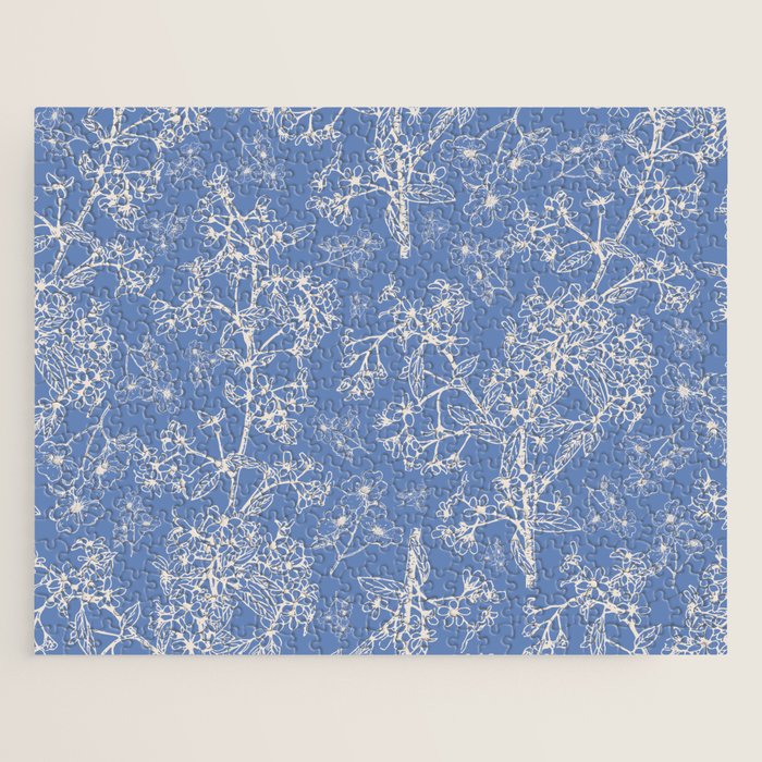 Grasmere Garden Vintage Modern Botanical Pattern Periwinkle Blue Cream Jigsaw Puzzle Gallery Image 1