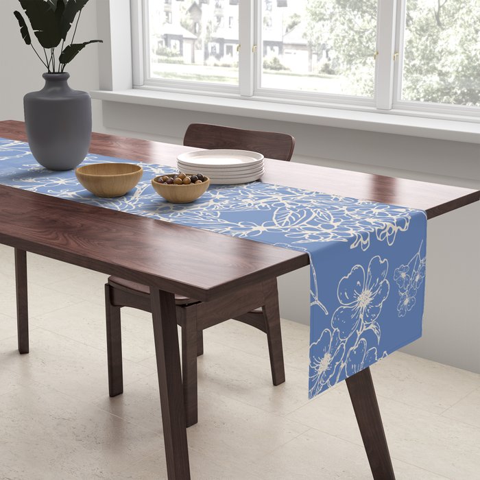Grasmere Garden Vintage Modern Botanical Pattern Periwinkle Blue Cream Table Runner Gallery Image 2