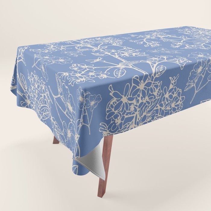 Grasmere Garden Vintage Modern Botanical Pattern Periwinkle Blue Cream Tablecloth Gallery Image 1