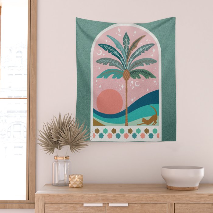 Moorish Framed Palm Tree - Mint & Blush Wall Tapestry Gallery Image 2