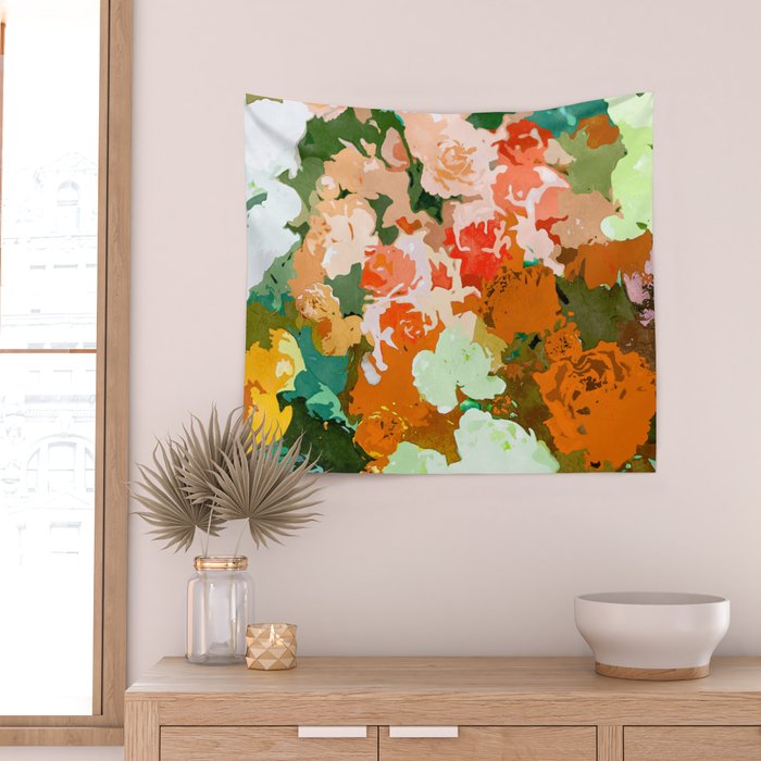 Velvet Floral, Summer Eclectic Botanical Blossom Blush Painting, Nature Colorful Garden Illustration Wall Tapestry Gallery Image 2