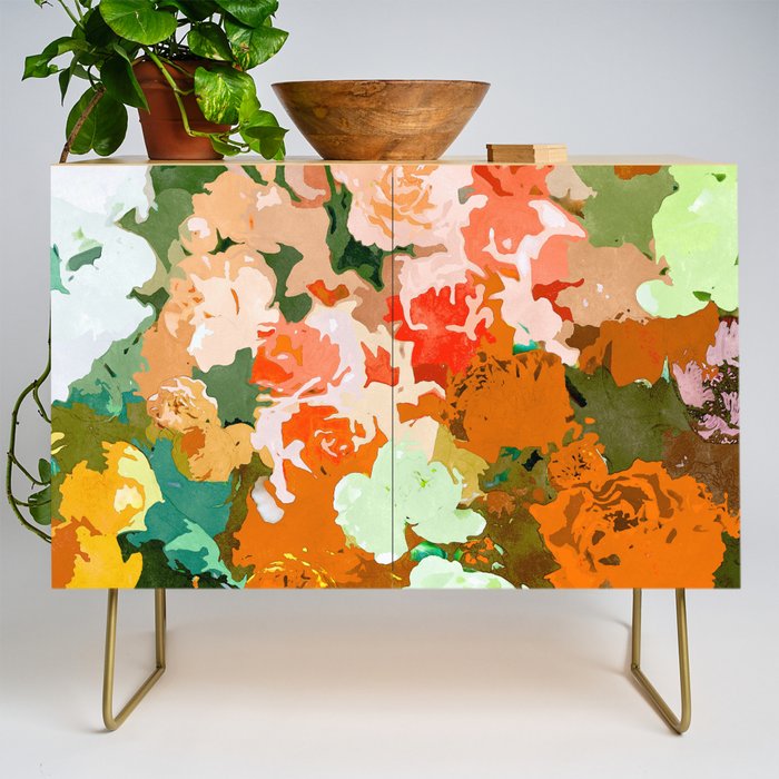 Velvet Floral, Summer Eclectic Botanical Blossom Blush Painting, Nature Colorful Garden Illustration Credenza Gallery Image 1