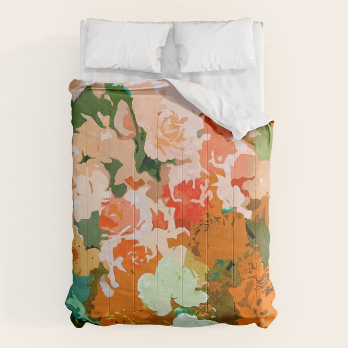 Velvet Floral, Summer Eclectic Botanical Blossom Blush Painting, Nature Colorful Garden Illustration Comforter Gallery Image 1