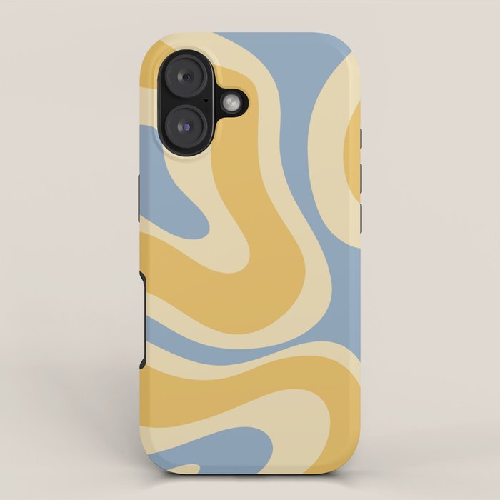 Modern Retro Liquid Swirl Abstract Pattern in Light Blue and Mustard Yellow iPhone Case Gallery Image 1