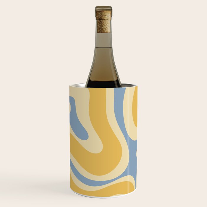 Modern Retro Liquid Swirl Abstract Pattern in Light Blue and Mustard Yellow Wine Chiller Gallery Image 1