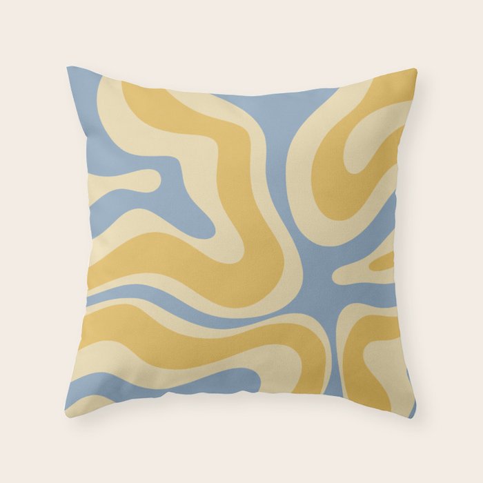 Modern Retro Liquid Swirl Abstract Pattern in Light Blue and Mustard Yellow Throw Pillow Gallery Image 1