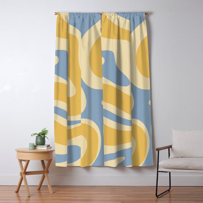 Modern Retro Liquid Swirl Abstract Pattern in Light Blue and Mustard Yellow Window Curtain Gallery Image 5