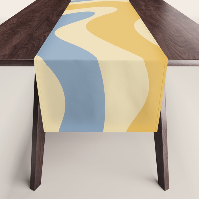 Modern Retro Liquid Swirl Abstract Pattern in Light Blue and Mustard Yellow Table Runner Gallery Image 1