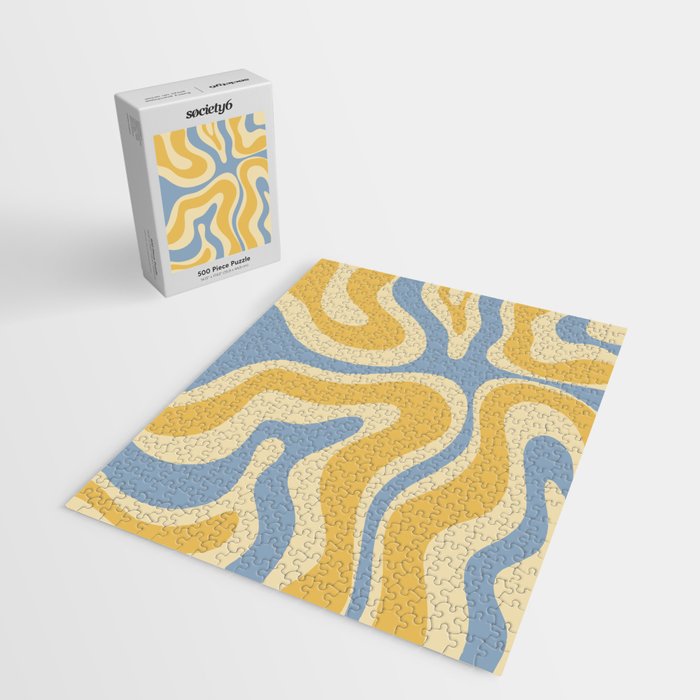 Modern Retro Liquid Swirl Abstract Pattern in Light Blue and Mustard Yellow Jigsaw Puzzle Gallery Image 2