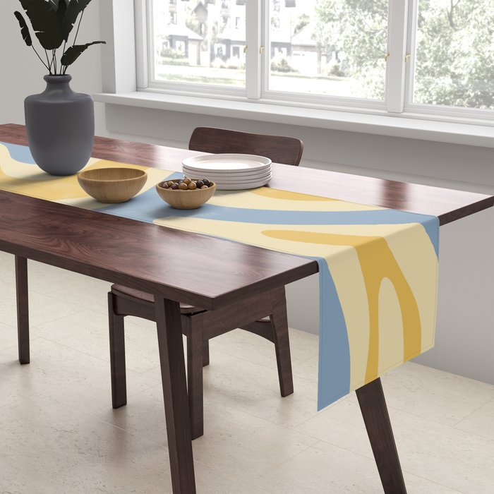 Modern Retro Liquid Swirl Abstract Pattern in Light Blue and Mustard Yellow Table Runner Gallery Image 2