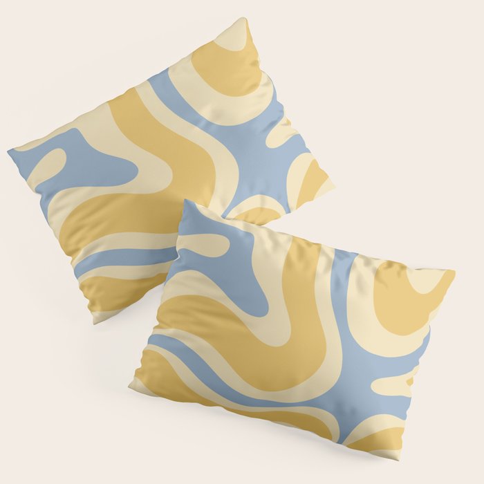 Modern Retro Liquid Swirl Abstract Pattern in Light Blue and Mustard Yellow Pillow Sham Gallery Image 3