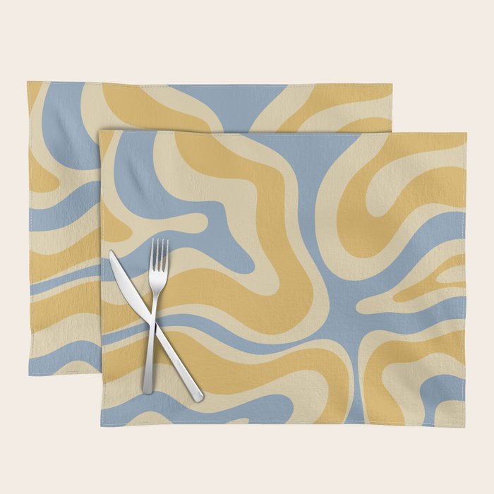 Modern Retro Liquid Swirl Abstract Pattern in Light Blue and Mustard Yellow Placemat Gallery Image 1