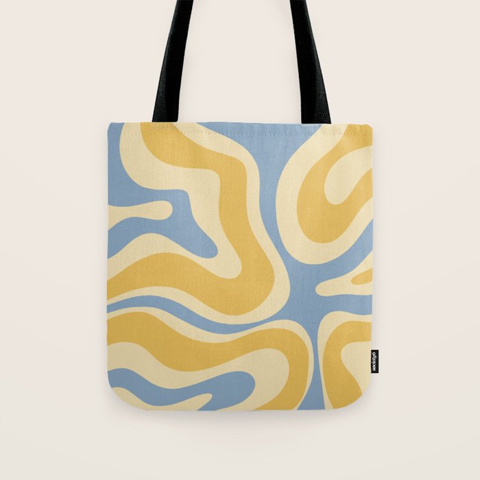 Modern Retro Liquid Swirl Abstract Pattern in Light Blue and Mustard Yellow Tote Bag Gallery Image 1
