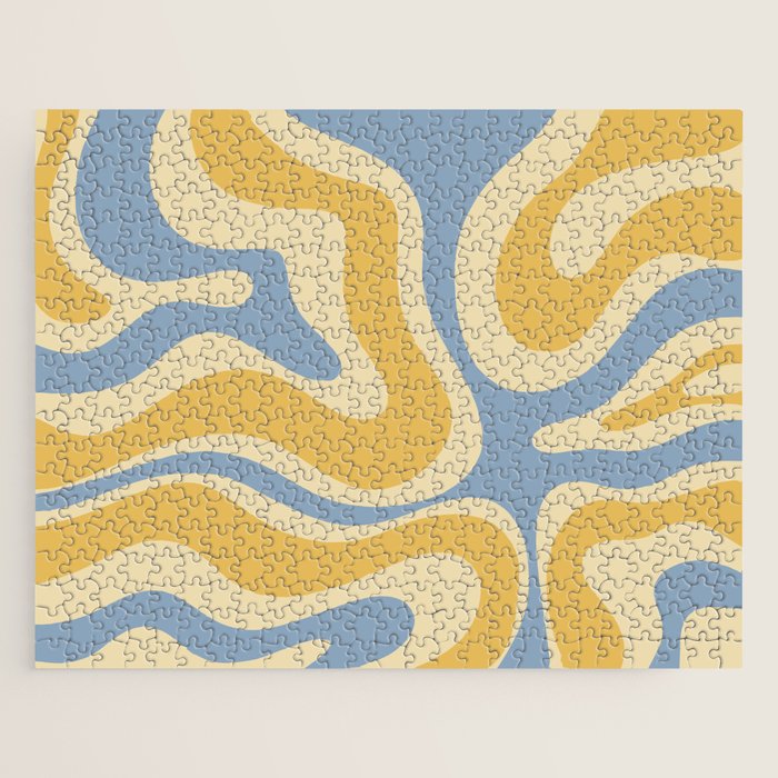 Modern Retro Liquid Swirl Abstract Pattern in Light Blue and Mustard Yellow Jigsaw Puzzle Gallery Image 1