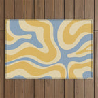 Modern Retro Liquid Swirl Abstract Pattern in Light Blue and Mustard Yellow Outdoor Rug Gallery Image 1