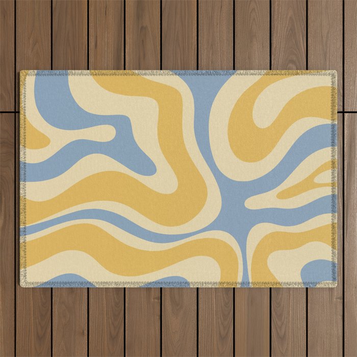 Modern Retro Liquid Swirl Abstract Pattern in Light Blue and Mustard Yellow Outdoor Rug Gallery Image 1