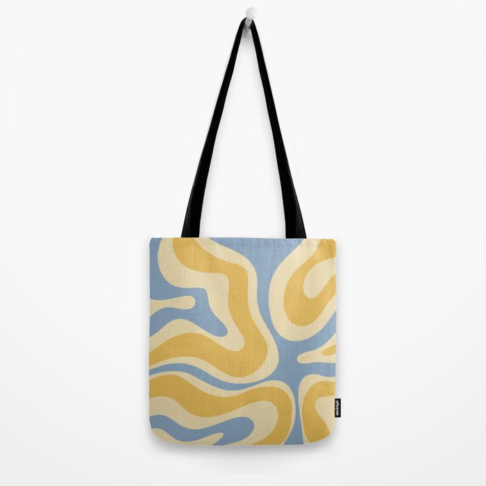 Modern Retro Liquid Swirl Abstract Pattern in Light Blue and Mustard Yellow Tote Bag Gallery Image 2