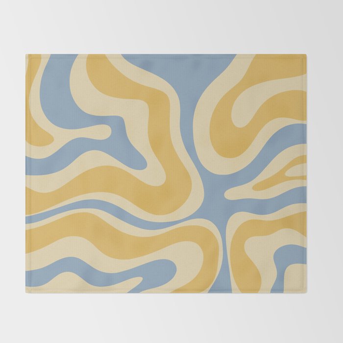 Modern Retro Liquid Swirl Abstract Pattern in Light Blue and Mustard Yellow Throw Blanket Gallery Image 2