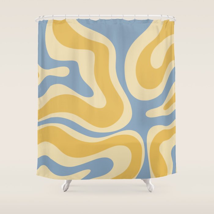 Modern Retro Liquid Swirl Abstract Pattern in Light Blue and Mustard Yellow Shower Curtain Gallery Image 1