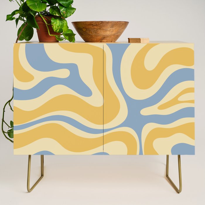 Modern Retro Liquid Swirl Abstract Pattern in Light Blue and Mustard Yellow Credenza Gallery Image 1