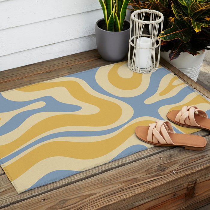 Modern Retro Liquid Swirl Abstract Pattern in Light Blue and Mustard Yellow Outdoor Rug Gallery Image 2
