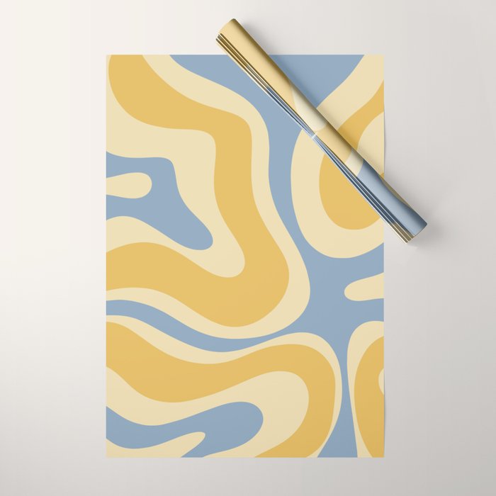 Modern Retro Liquid Swirl Abstract Pattern in Light Blue and Mustard Yellow Wrapping Paper Gallery Image 1