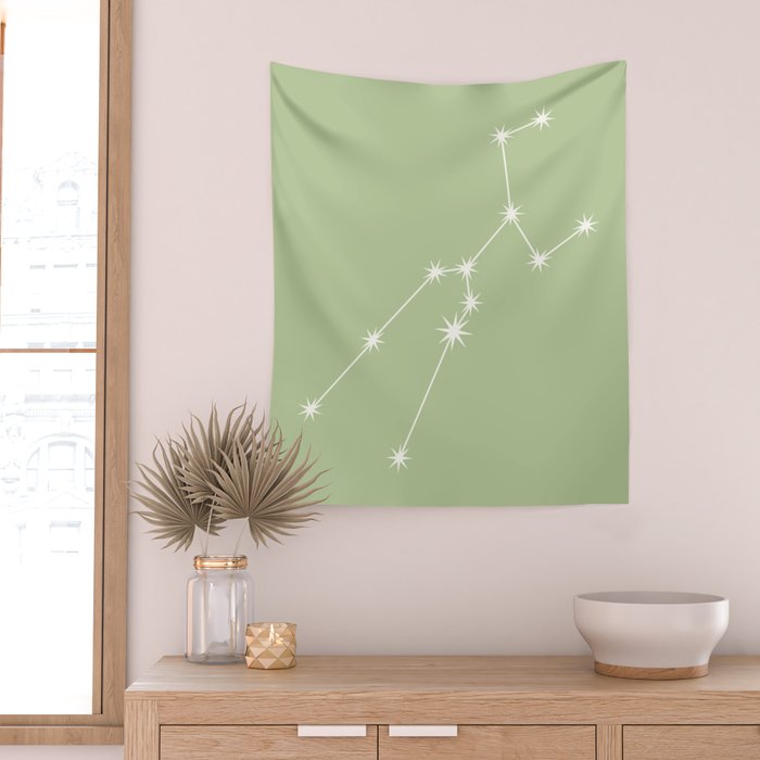 Taurus Zodiac Star Constellation Line Art Soft Green Wall Tapestry Gallery Image 2