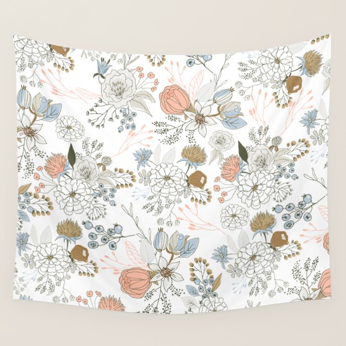 Elegant abstract coral pastel blue modern rustic floral Wall Tapestry Gallery Image 4