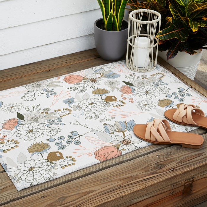 Elegant abstract coral pastel blue modern rustic floral Outdoor Rug Gallery Image 2
