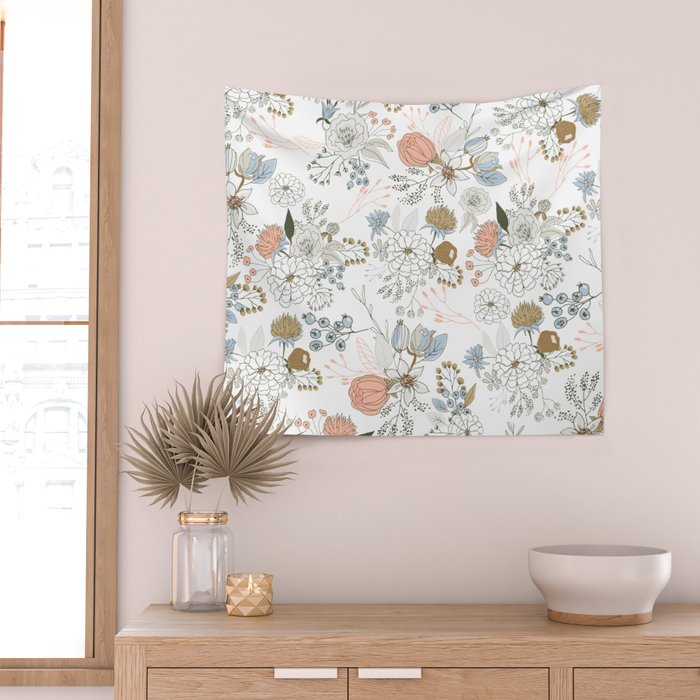 Elegant abstract coral pastel blue modern rustic floral Wall Tapestry Gallery Image 2