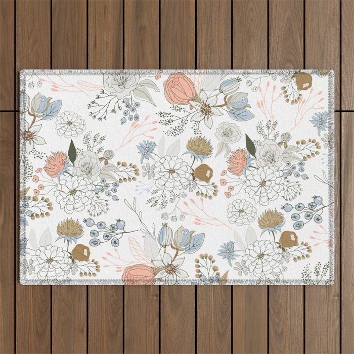 Elegant abstract coral pastel blue modern rustic floral Outdoor Rug Gallery Image 1