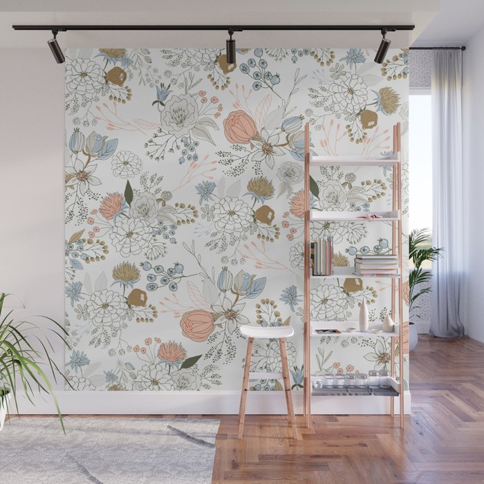 Elegant abstract coral pastel blue modern rustic floral Wall Mural Gallery Image 1