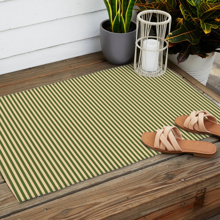 Tan & Dark Olive Green Colored Striped Pattern Outdoor Rug Gallery Image 2