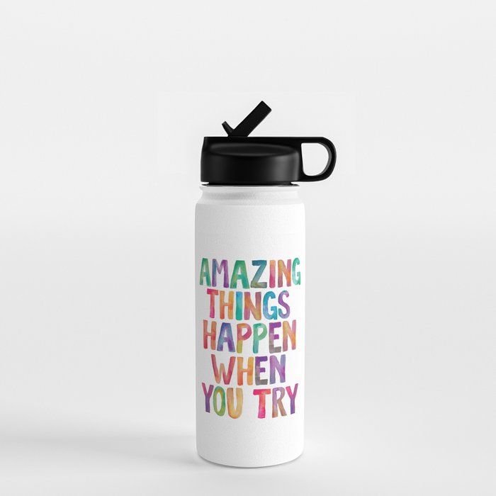 AMAZING THINGS HAPPEN WHEN YOU TRY rainbow watercolor Water Bottle Gallery Image 1
